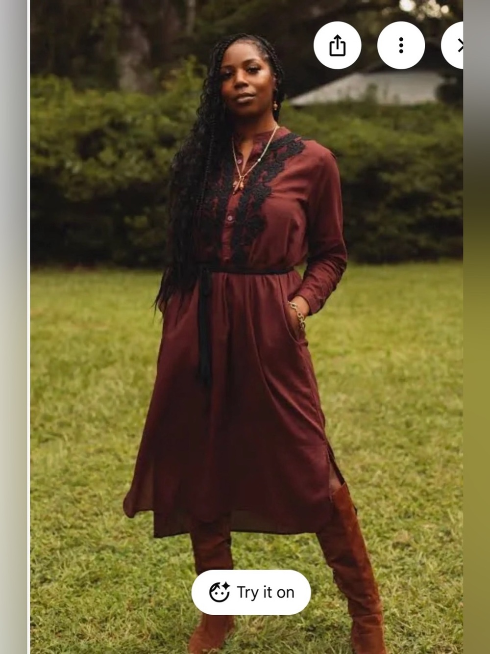 NWT Ex Voto  Long-Sleeve Embroidered Belted Midi Dress 100% Cotton Medium